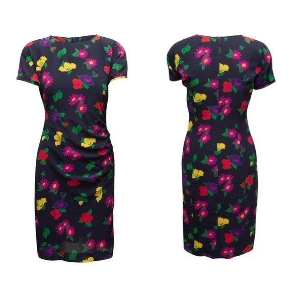 UNGARO Ter Vintage 80s Navy & Multi Silk Floral Print Dress - Picture 1 of 13